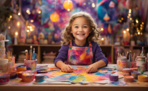 Image of a joyful child engaged in messy play surrounded by vibrant colors, various tactile materials like paint and clay, within a designated play space. A parent or caregiver actively participates, highlighting the positive aspects of creativity, exploration, and the importance of parental involvement in childhood development.