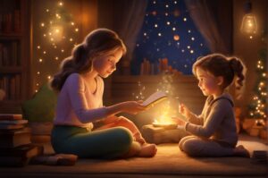 A parent and child immersed in a captivating story, surrounded by books, symbolizing the magic of parental storytelling.